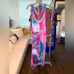 Sleeveless, drop crotch, tie dye romper- L
